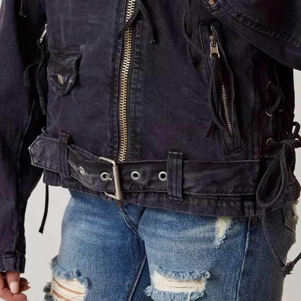 Free People Oversized Moto Jacket Black Denim Belted Lace Up Small Boho Biker - Picture 2 of 15